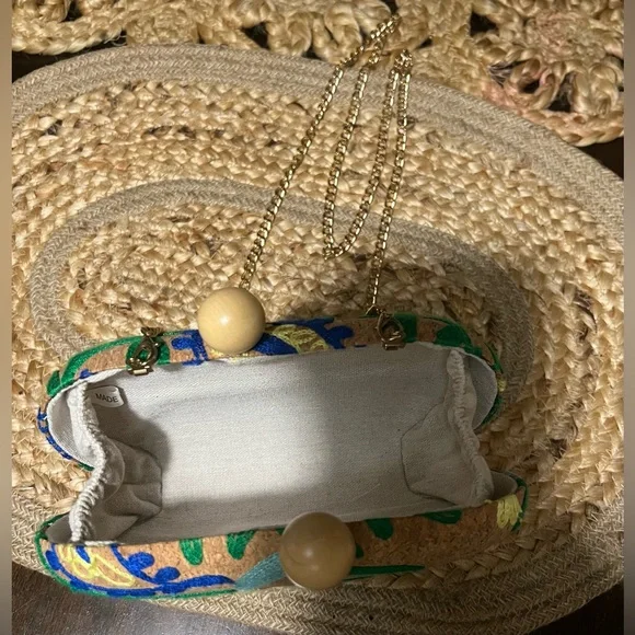 Embroidered Floral Cork Crossbody/Clutch Bag in Brown and Green - Picture 7 of 7